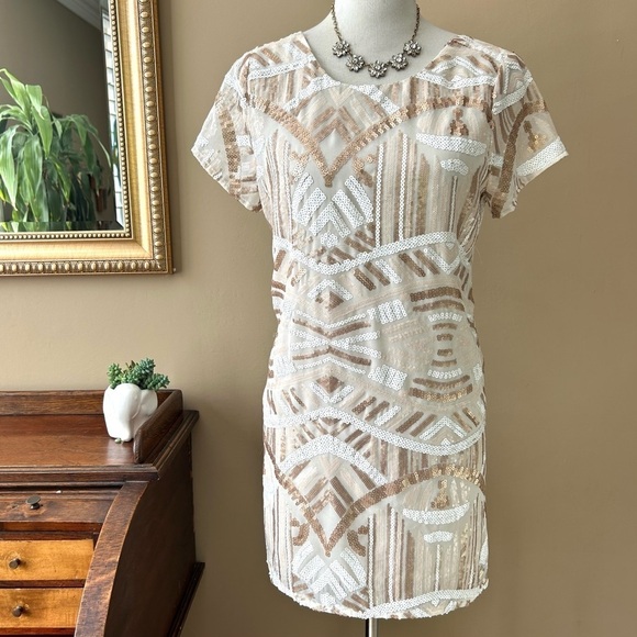 Show Me Your Mumu Tallulah White Tan Sequin Open Back Short Sleeve Mini Dress S - Picture 4 of 13